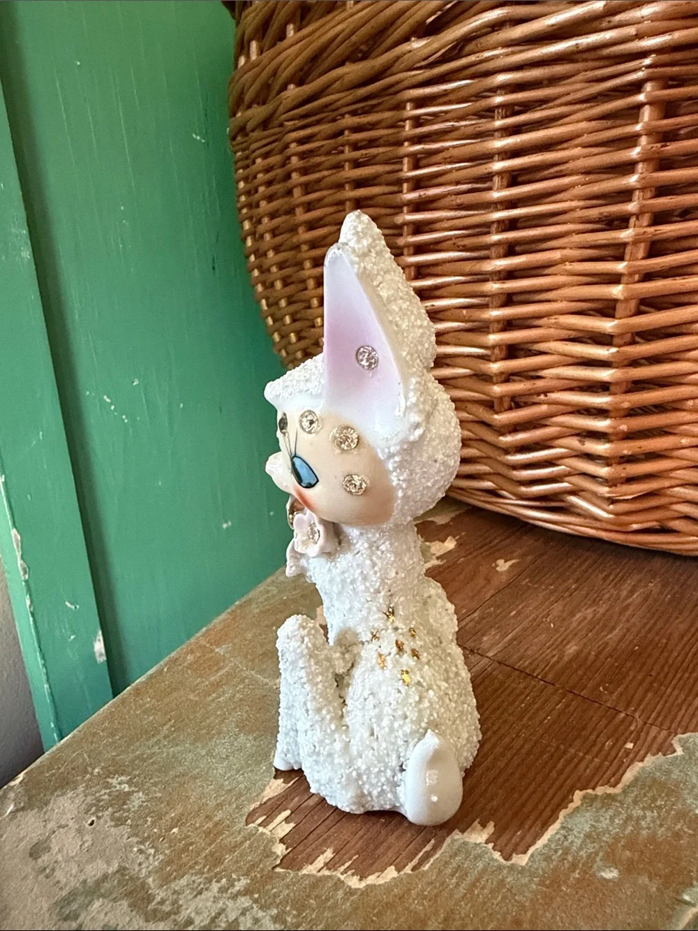 Vtg Anthropomoric White Christmas SNOW Reindeer W Gold Bell PINK CRYSTAL FLOWERS